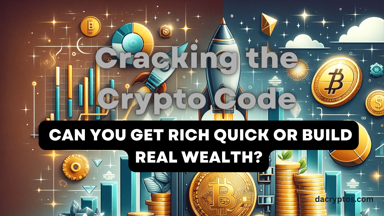 The image depicts a dynamic blend of cryptocurrency investment themes with a rocket launching from a safe, gold coins, and rising graphs, against a backdrop of sparkling stars and sturdy bricks.