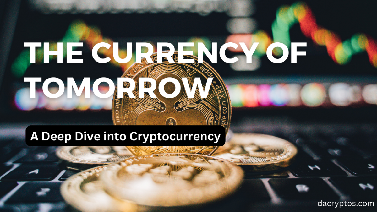 promotional banner featuring the title "The cryptocurrency of tomorrow" above a golden cryptocurrency coin on a laptop keyboard ,with colorful bokeh lights in the background.
