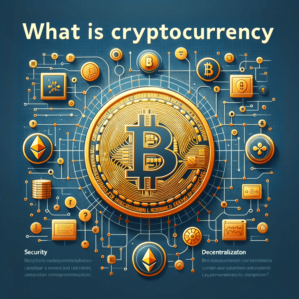A detailed infographic explaining 'What is cryptocurrency' with a large golden Bitcoin symbol in the center. Around it, various cryptocurrency and blockchain icons float, such as Ethereum and Ripple symbols, a security padlock, and network diagrams, against a dark blue background.
