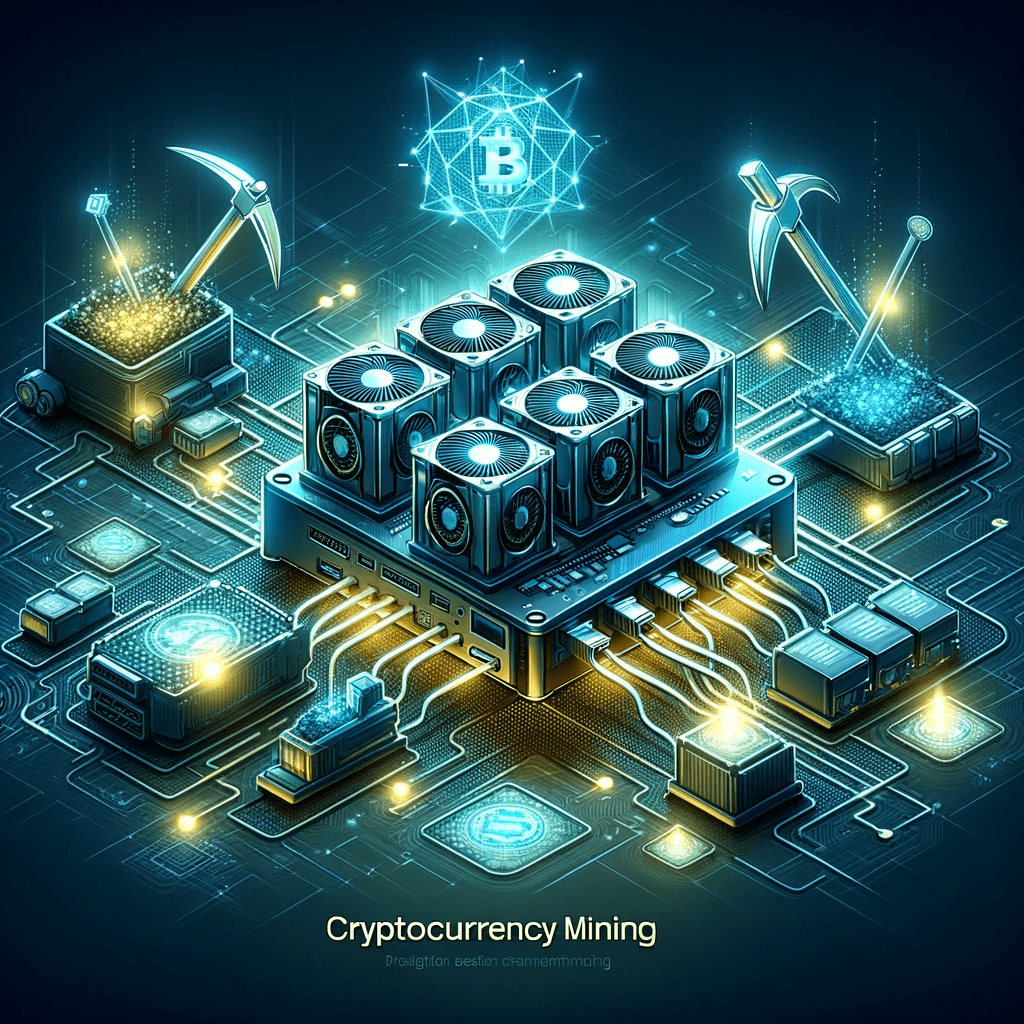 Conceptual art of a cryptocurrency mining operation, showing a detailed mining setup with multiple GPUs connected and active, amidst a digital landscape symbolizing blockchain technology. 
