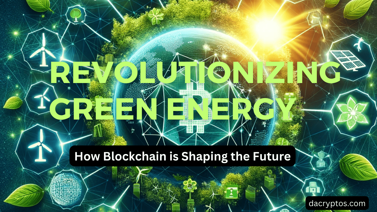 Illustration of the Earth enveloped by a blockchain network with symbols of renewable energy like solar panels and wind turbines, representing the merge of green energy and blockchain technology.