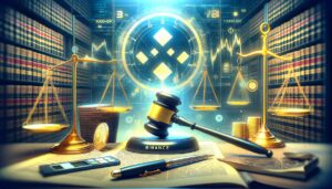 Digital illustration of a courtroom with a gavel and scales of justice, a digital cryptocurrency background, and the Binance logo, symbolizing the rescheduled sentencing of former Binance CEO Changpeng Zhao.
