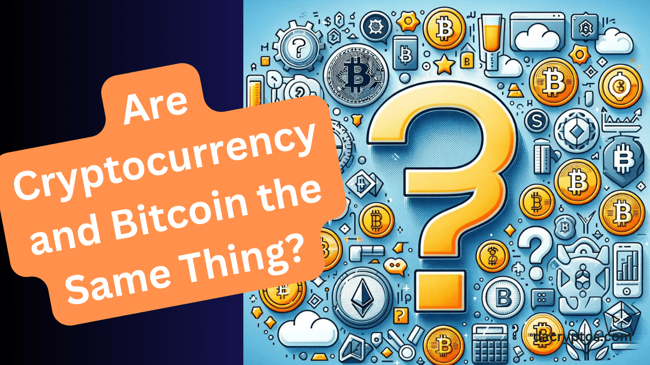 Image features a large, central question mark surrounded by various cryptocurrency symbols, including Bitcoin, to illustrate the query of whether Bitcoin and other cryptocurrencies are the same, set against a blue background.
