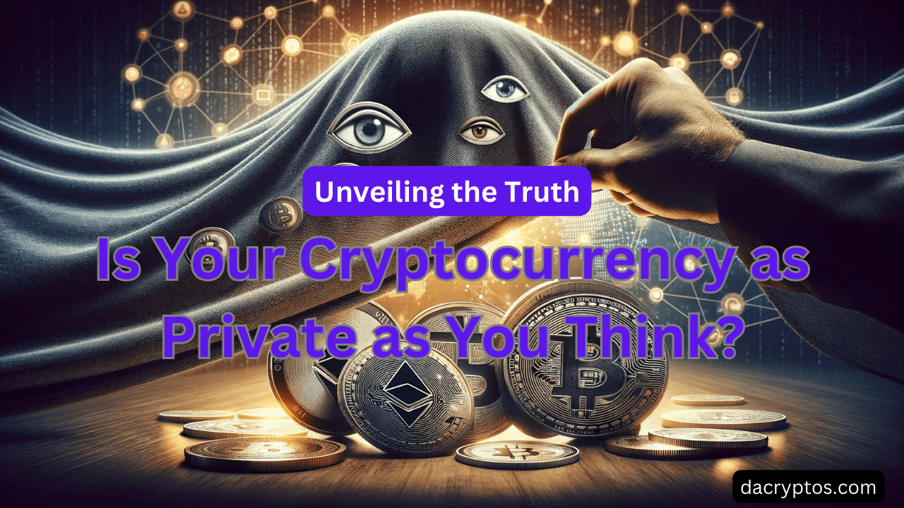 "Image for the article 'Is Your Cryptocurrency as Private as You Think,' showing hands pulling back a dark veil to reveal cryptocurrency coins with digital eyes over them, against a backdrop of blockchain network nodes.