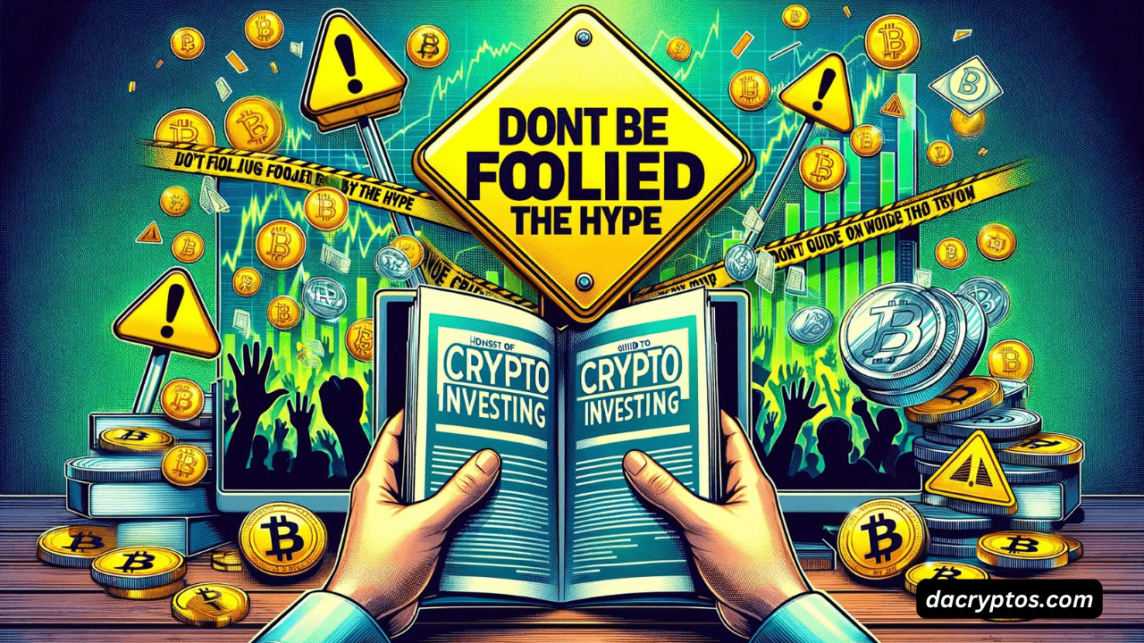 Image for 'Don't Be Fooled by the Hype: The Honest Guide to Crypto Investing' shows a warning sign with a guidebook in the foreground and a backdrop of blurred cryptocurrency coins and enthusiastic crowds, symbolizing a cautious approach to the crypto buzz.