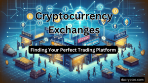 Illustrations for 'Cryptocurrency Exchanges: Finding Your Perfect Trading Platform' article, featuring a digital marketplace with stalls branded with various cryptocurrency logos like Bitcoin and Ethereum, with traders interacting and digital connectivity icons above, symbolizing the diverse and online nature of crypto trading platforms.