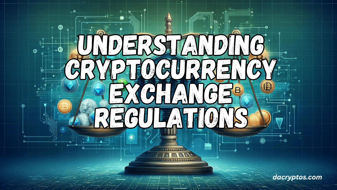 Image for 'Understanding Cryptocurrency Exchange Regulations' featuring a balance scale with traditional currency on one side and cryptocurrencies on the other, with a government building and digital elements in the background, symbolizing the balance between regulation and innovation in crypto markets.