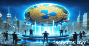 An illustrative image depicting a large golden cryptocurrency coin with the Ripple logo centered above a futuristic cityscape. A group of people stand on a platform, gazing up at the coin, which is surrounded by a radiant blue light.