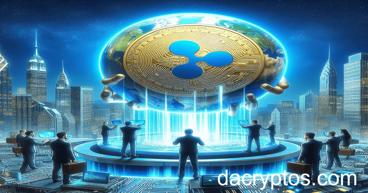 An illustrative image depicting a large golden cryptocurrency coin with the Ripple logo centered above a futuristic cityscape. A group of people stand on a platform, gazing up at the coin, which is surrounded by a radiant blue light.