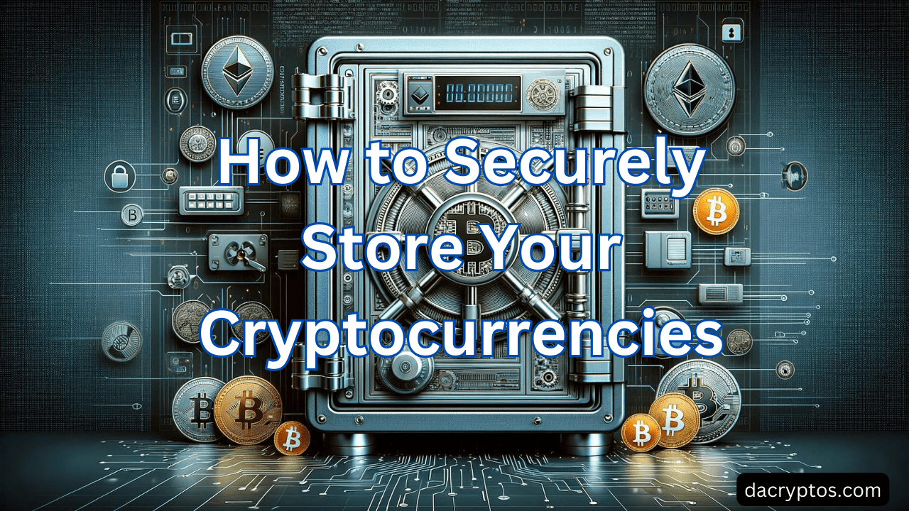 image for the article 'How to Securely Store Your Cryptocurrencies' featuring a metal safe with advanced locking mechanisms and cryptocurrency symbols, set against a digital code background, representing secure digital asset storage.