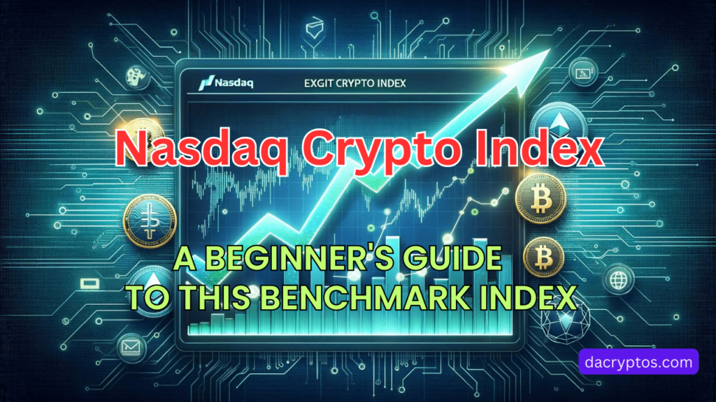 Featured images for 'Nasdaq Crypto Index: A Beginner's Guide' article, showcasing an upward trending graph on a digital display with cryptocurrency symbols like Bitcoin and Ethereum, suggesting growth.