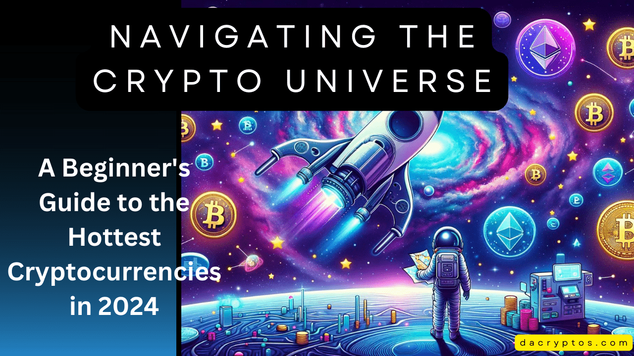 image for an article on cryptocurrency, showing a spaceship with cryptocurrency logos navigating a digital galaxy with an astronaut holding a tablet. The scene symbolizes a beginner's journey through the vibrant and complex crypto market.