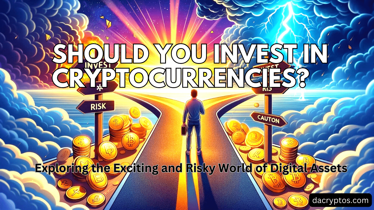 The image depicts a person standing at a crossroads, facing a decision-making moment about whether to invest in cryptocurrencies. To the left, the path is adorned with symbols of wealth and success, including gold coins and a bright, promising horizon, symbolizing the potential benefits of investment. To the right, the path is fraught with symbols of risk and uncertainty, such as storm clouds and lightning, representing the potential dangers.