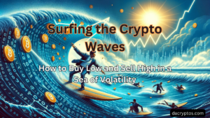 Illustration for an article on crypto investing, showing a businessperson surfing a large digital wave with binary code and cryptocurrency symbols, representing market volatility.