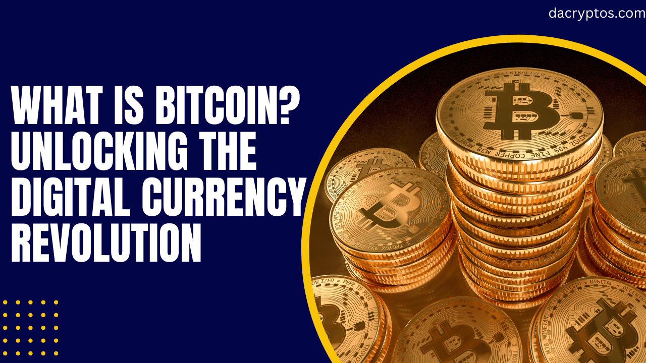 The featured image for a Bitcoin-related article, with a stack of golden Bitcoins on the right against a dark blue background.