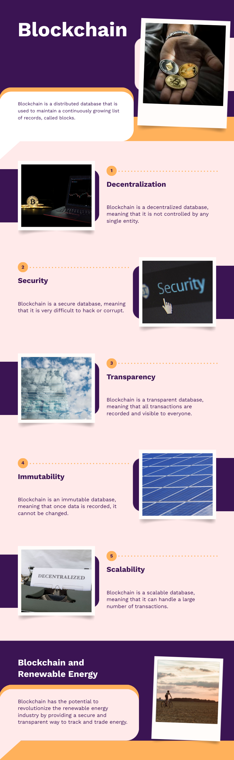 An infographic detailing the features of blockchain technology, including decentralization, security, transparency, immutability, and scalability, accompanied by related imagery such as cryptocurrency coins, a security prompt, glass buildings, solar panels, and a decentralized network. The bottom section highlights blockchain's potential in the renewable energy sector.