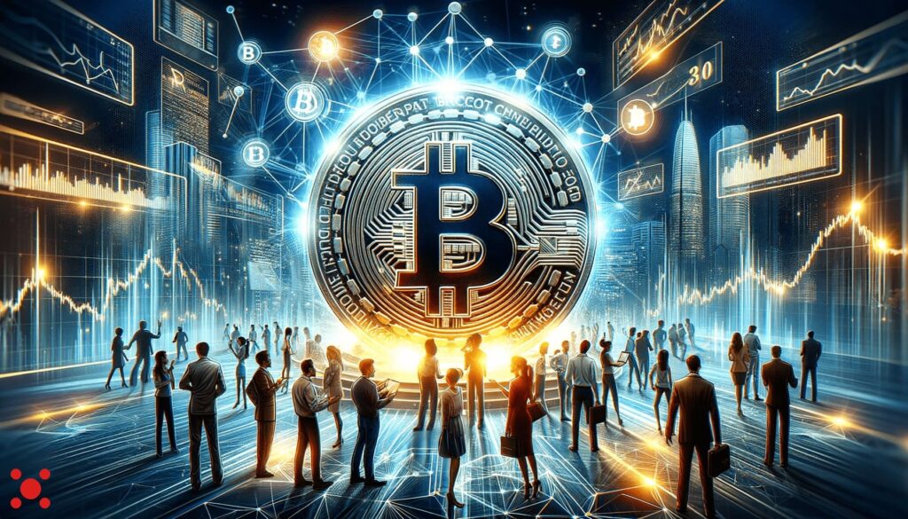 An image featuring a large Bitcoin symbol at the center, with a Polkadot logo at the bottom left corner, against a backdrop of a digital financial environment with futuristic cityscape. Figures are depicted examining the cryptocurrency symbols, and digital graphs display upward trends in the market.