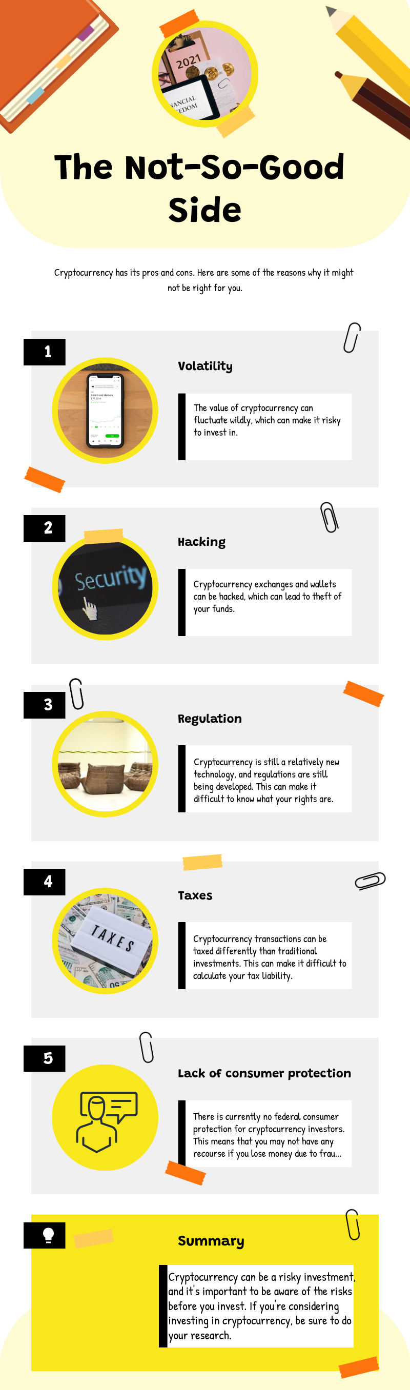 Infographic with the title "The Not-So-Good Side" lists downsides of cryptocurrency investment, including volatility, hacking, regulation, taxes, and lack of consumer protection, with corresponding icons and brief explanations.