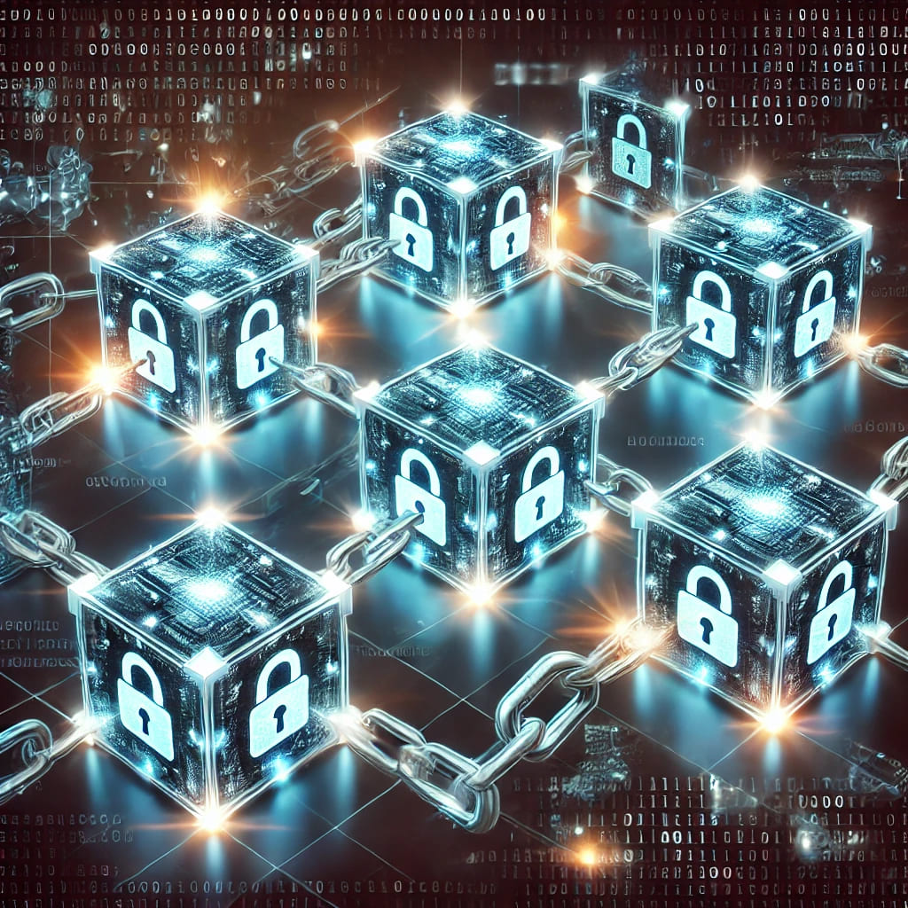 Illustration of a blockchain network with locks symbolizing cryptographic security.