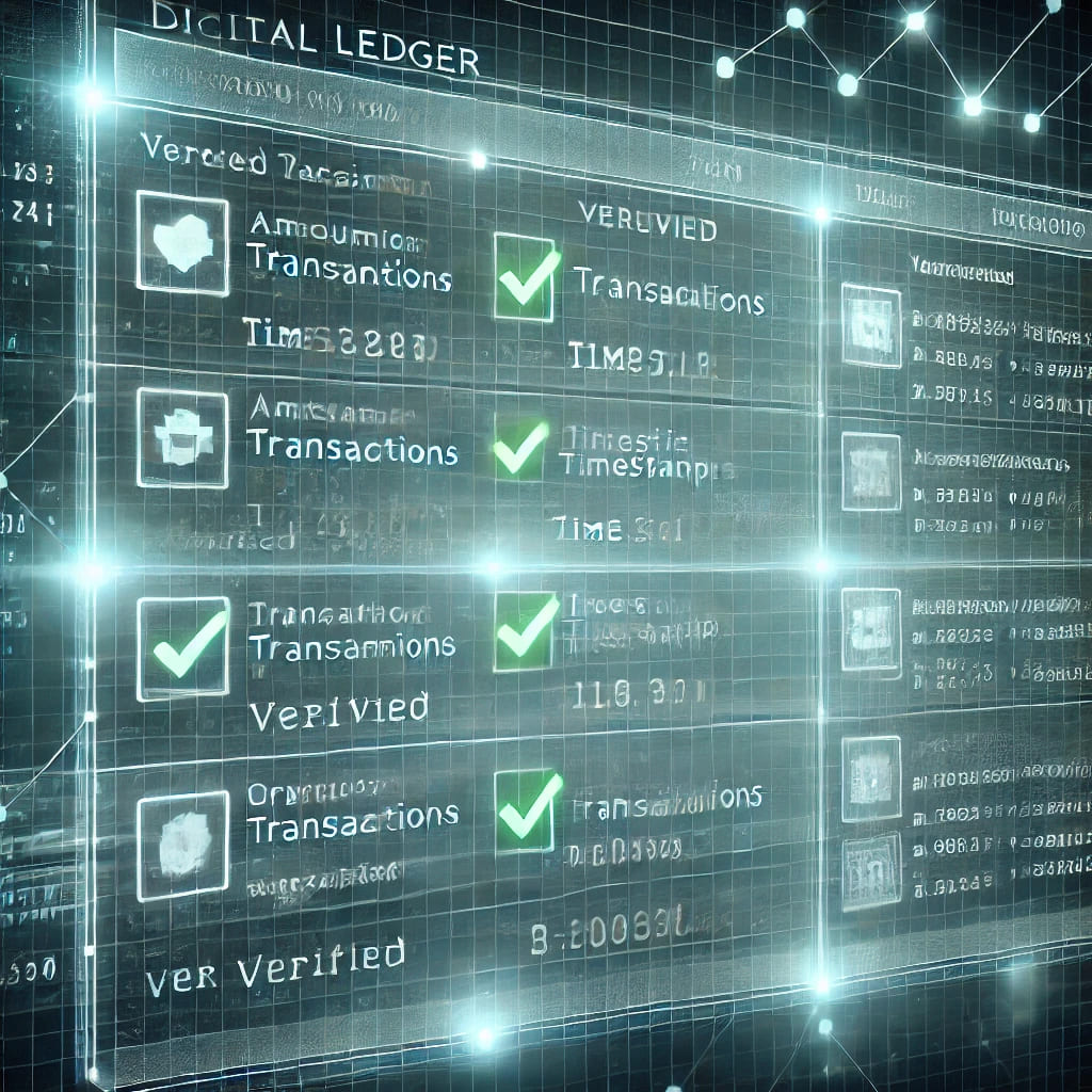 Blockchain ledger displaying immutable transactions with a verified stamp.