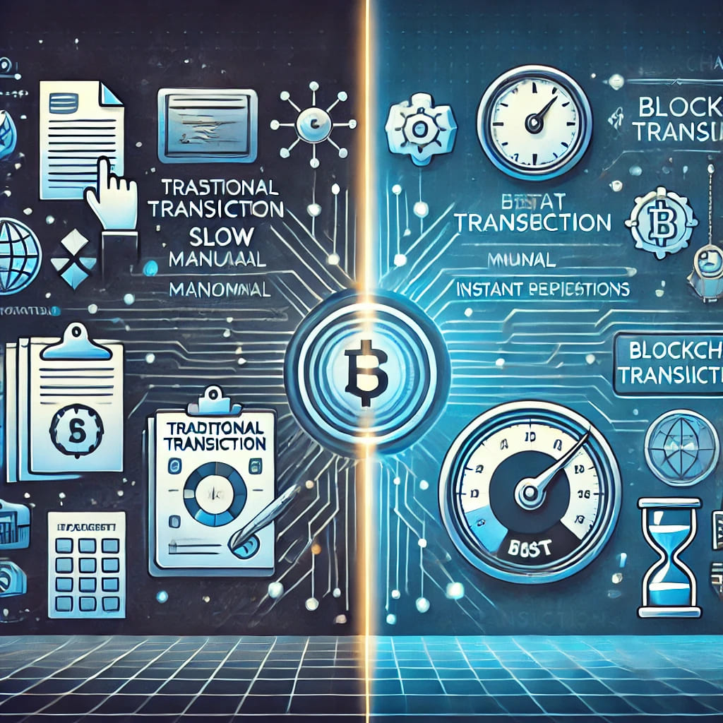 Diagram showing traditional vs blockchain transaction timelines, highlighting speed improvements.