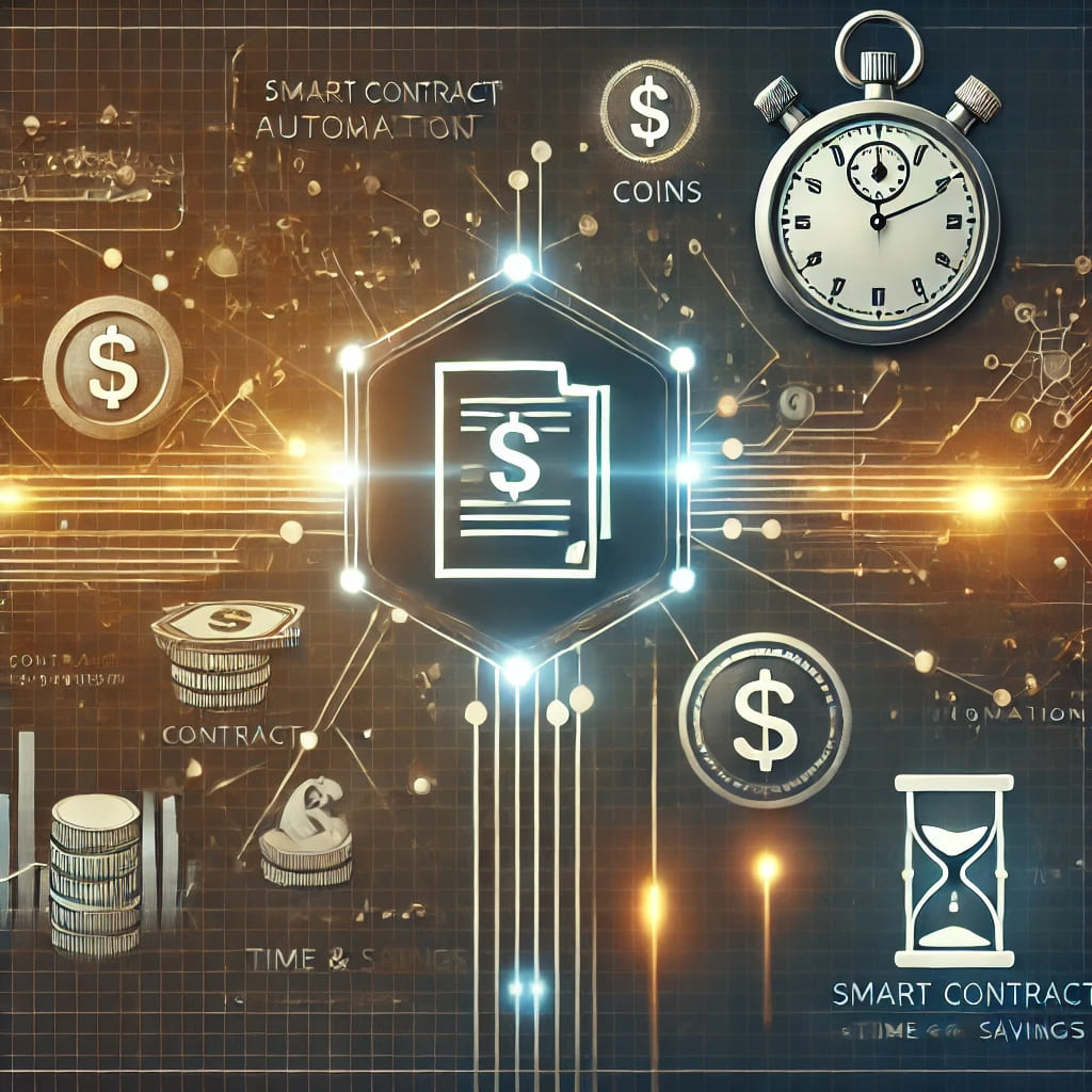 Smart contract diagram showing automated processes reducing paperwork and costs.