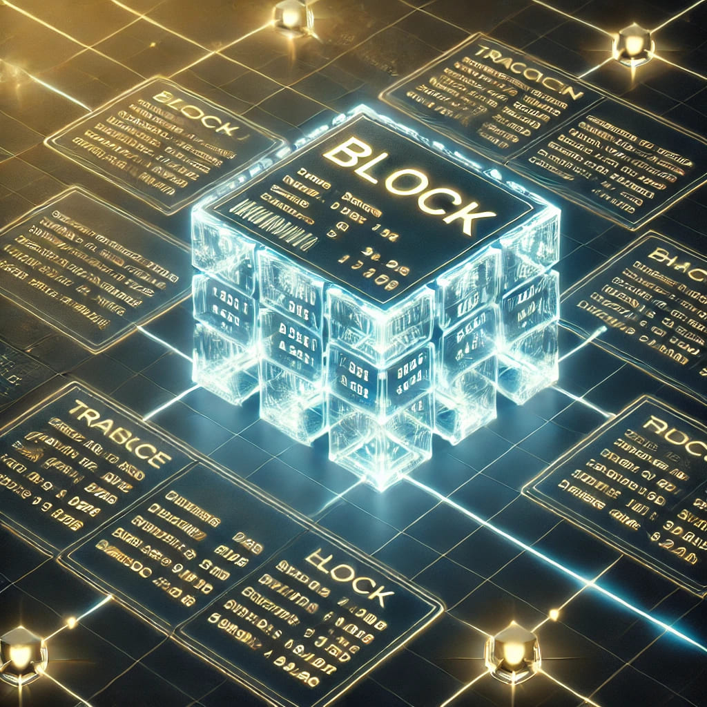 A page labeled ‘Block’ showing transactions and a unique ‘hash’ code linking it to the previous block