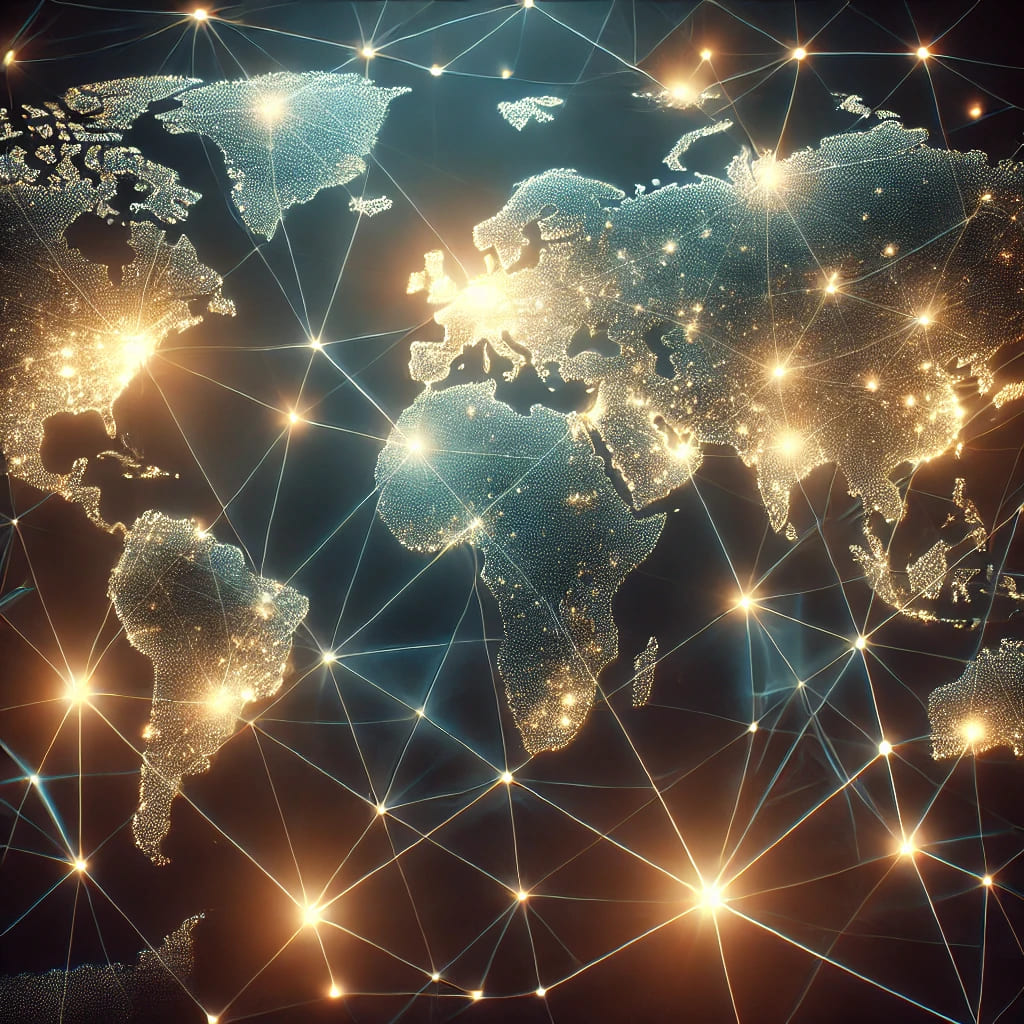 A world map with multiple points (nodes) connected by lines, representing a decentralized blockchain network