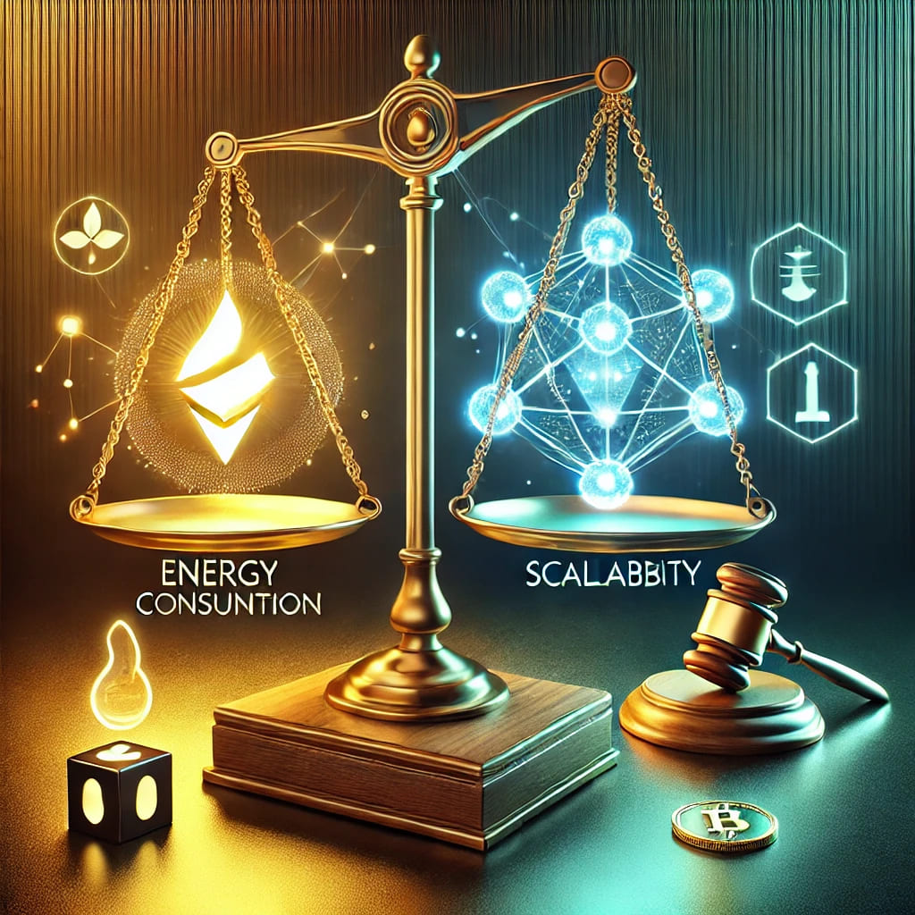 A scale balancing energy consumption, scalability, and regulations, symbolizing blockchain’s major hurdles.