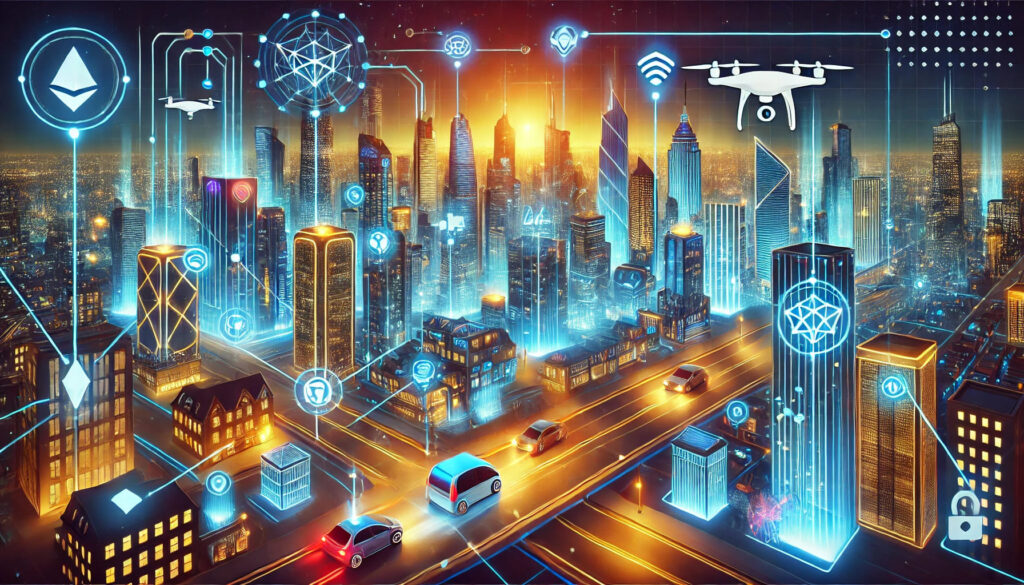 A futuristic cityscape with connected devices, showcasing potential blockchain integrations in everyday life.