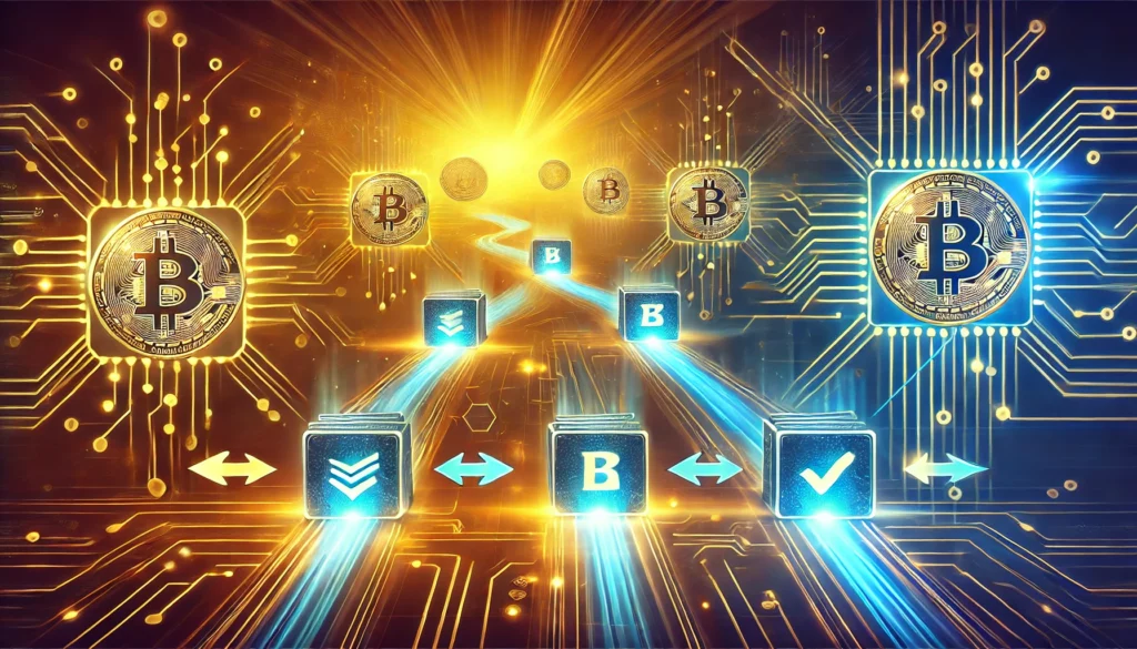 Illustration showing the journey of a cryptocurrency transaction through blockchain verification.