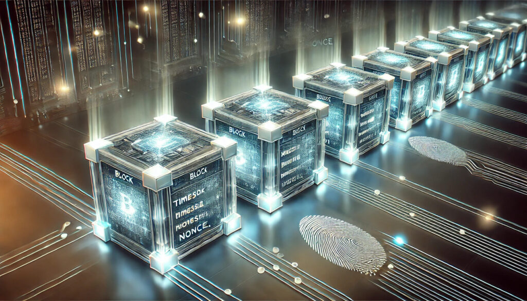 Visual representation of blockchain blocks with timestamps, nonces, and hash connections