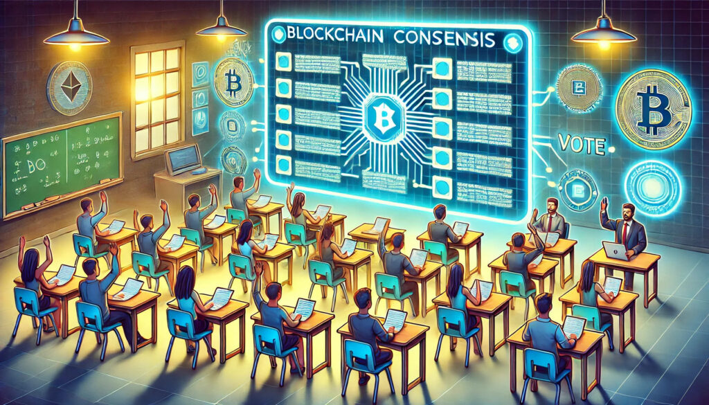 Illustration of blockchain consensus process with nodes agreeing on a single version of the ledger