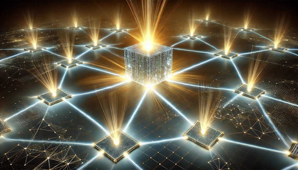 Illustration of block propagation across blockchain nodes to maintain synchronization