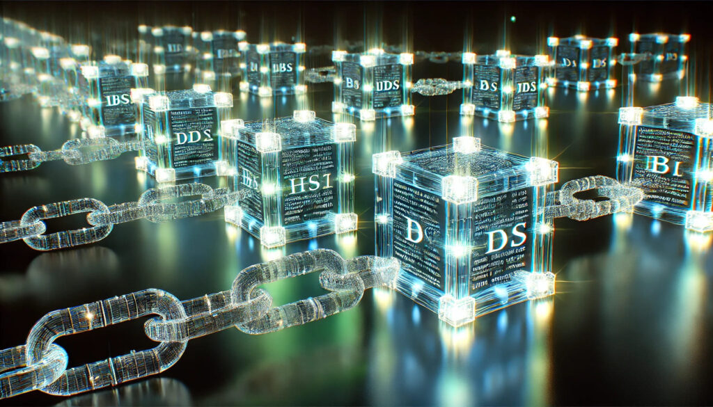  A graphic of interconnected digital blocks forming a chain, emphasizing blockchain’s immutability.