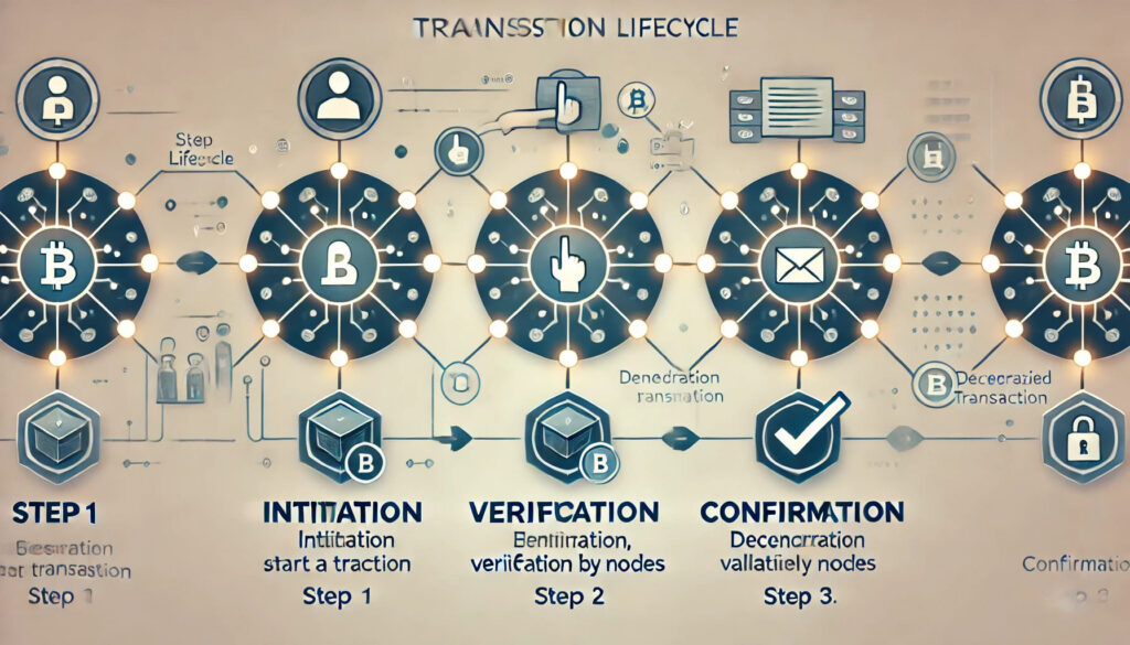 A flowchart showing the lifecycle of a blockchain transaction from initiation to confirmation.