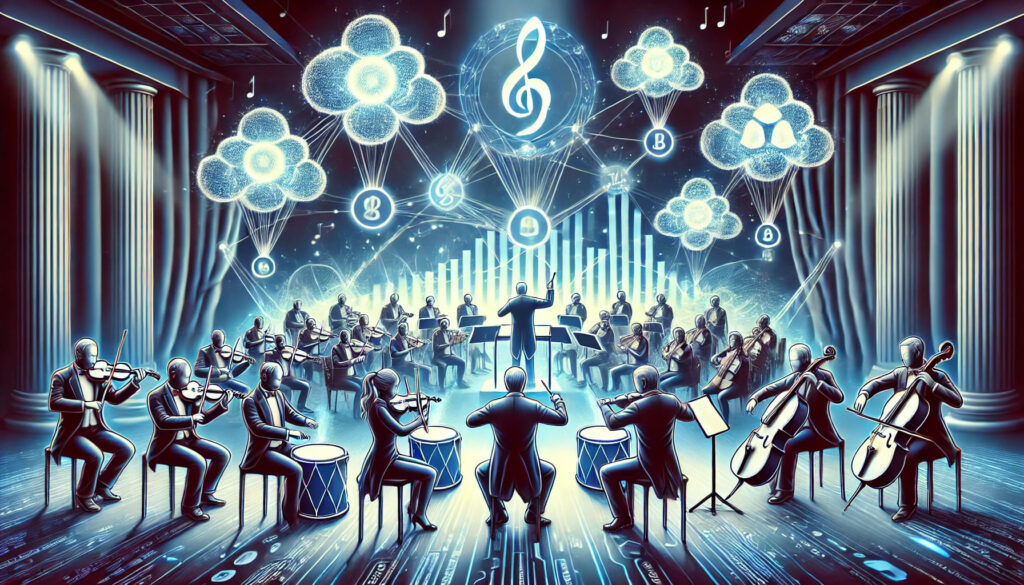 A creative illustration of blockchain processes depicted as an orchestra playing in harmony.