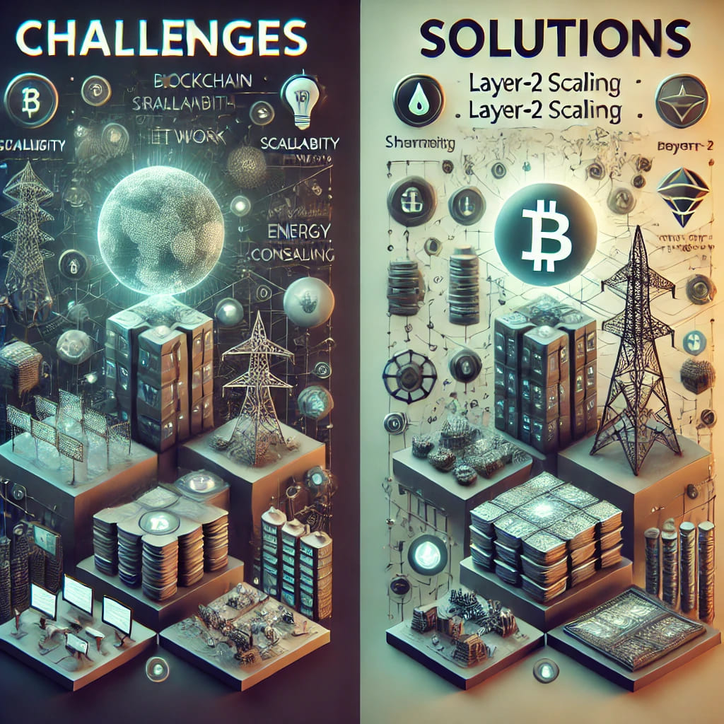 A visual comparison of blockchain challenges and innovative solutions for scalability and efficiency.