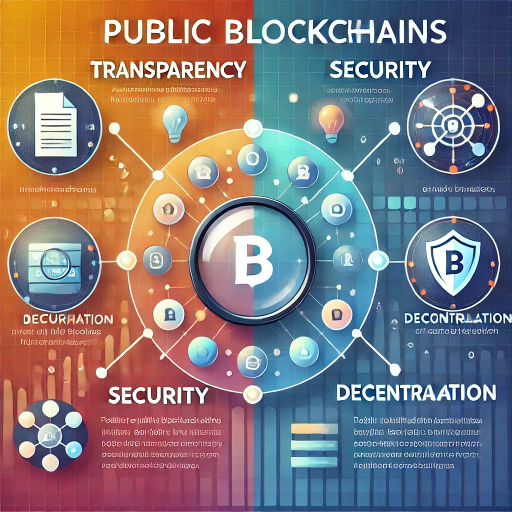 Infographic illustrating the key features of public blockchains: transparency, security, and decentralization.