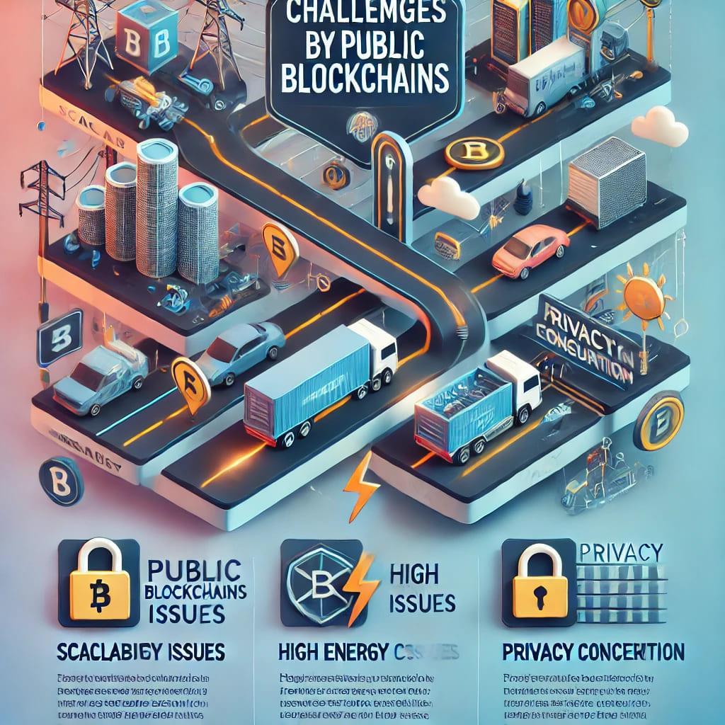 Infographic showing challenges of public blockchains: scalability issues, high energy consumption, and privacy concerns