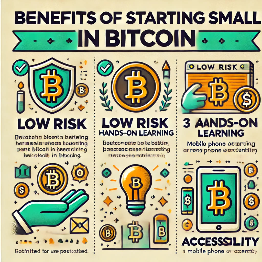 simple checkmarks for Low Risk, Hands-on Learning, Accessibility. Benefits of starting small in Bitcoin