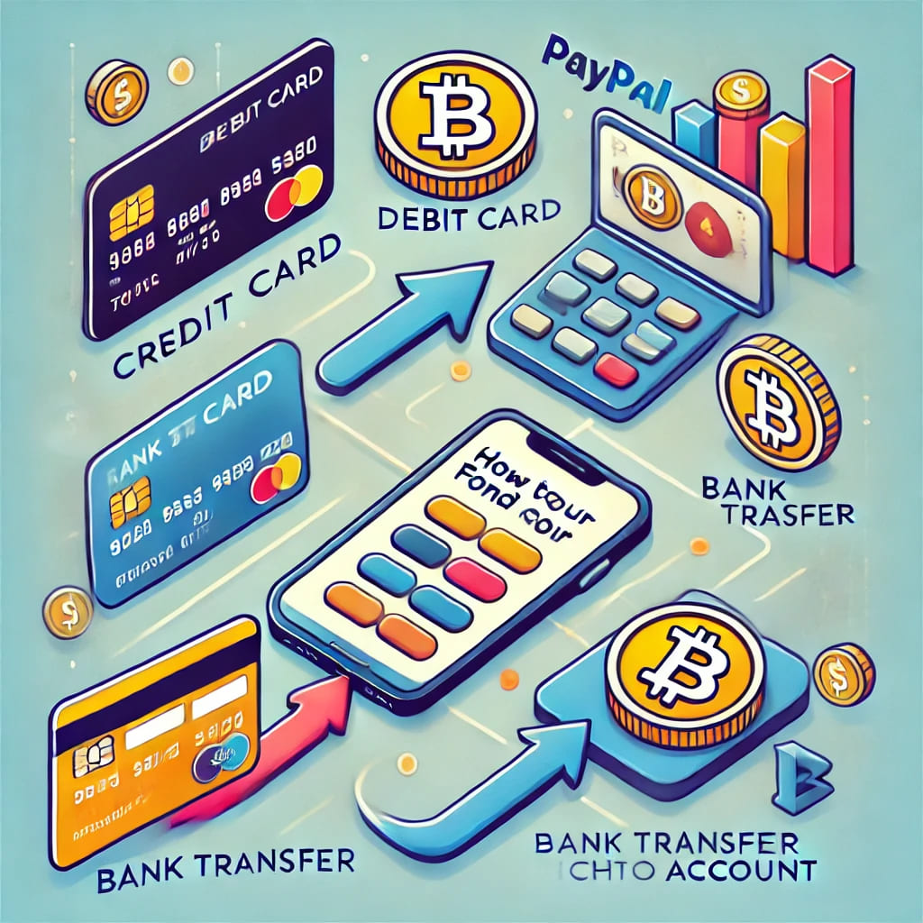 How to fund your crypto account" — card, bank, PayPal icons. How to fund your crypto account