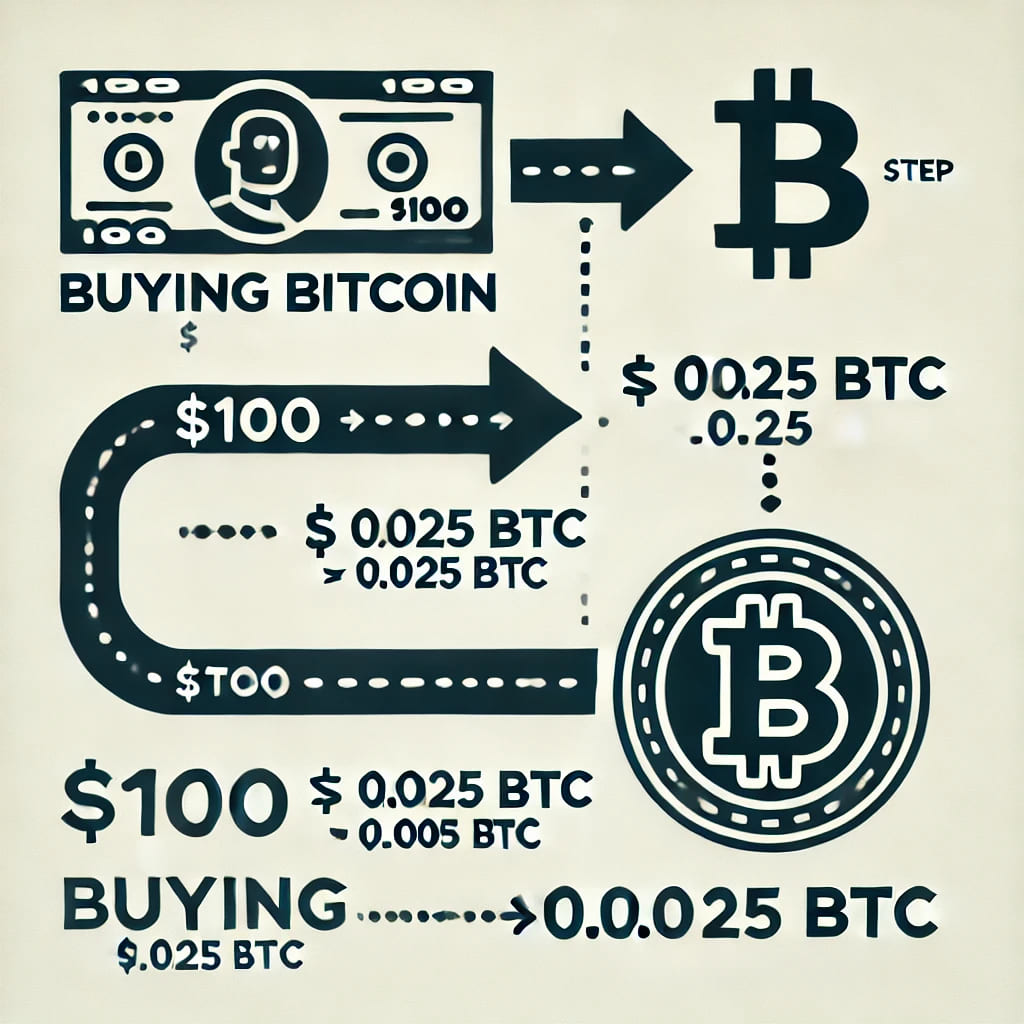 Buying Bitcoin step" showing $100 ➔ BTC Fraction. Buying Bitcoin step