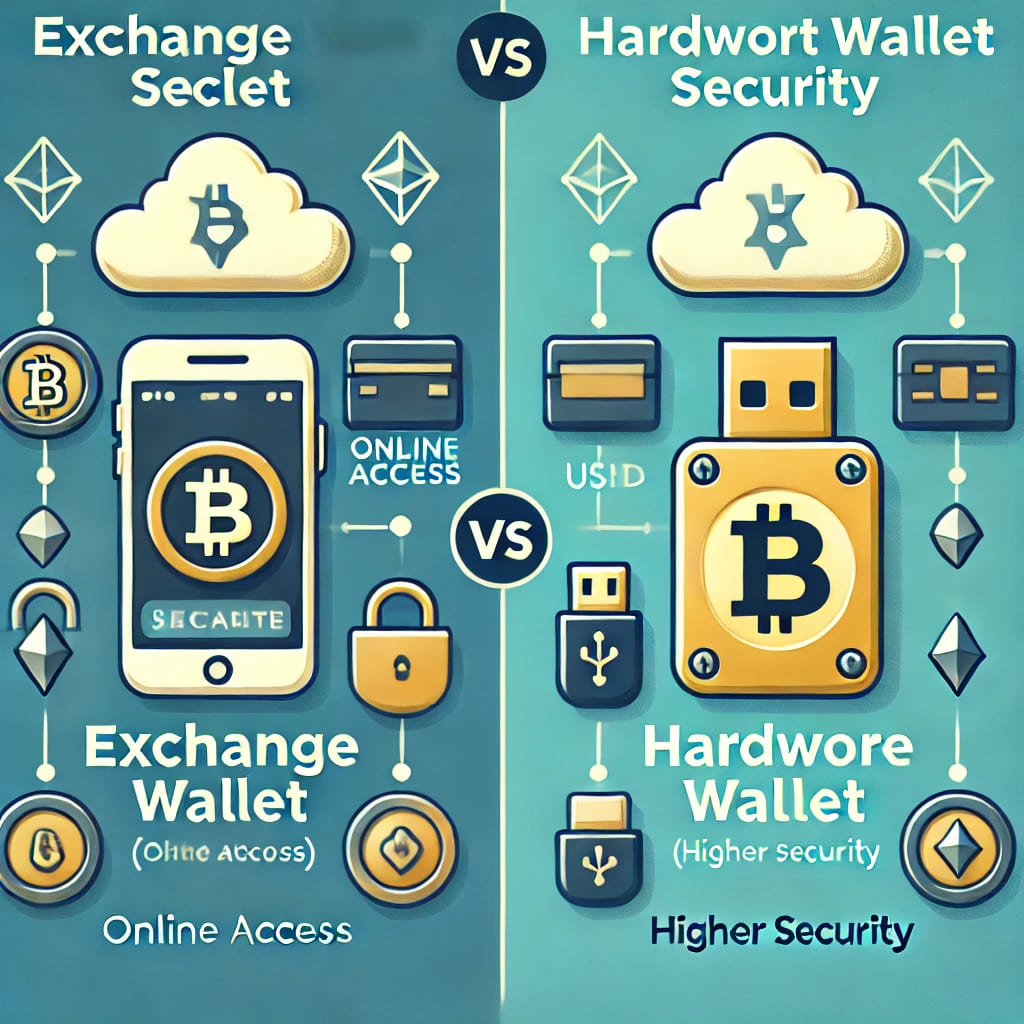 Exchange wallet vs Hardware wallet security" — padlock icons, mobile vs USB device. Exchange wallet vs Hardware wallet security