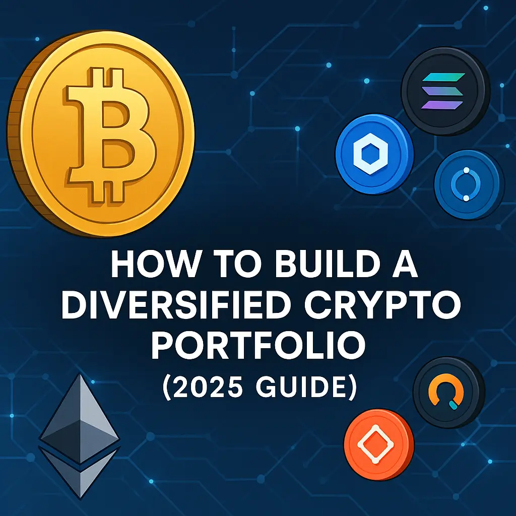 Blue digital banner featuring a large Bitcoin and Ethereum icon on the left and smaller altcoin icons (Solana, Chainlink, etc.) on the right, connected with blockchain-style lines. Centered text reads: “How to Build a Diversified Crypto Portfolio (2025 Guide).”