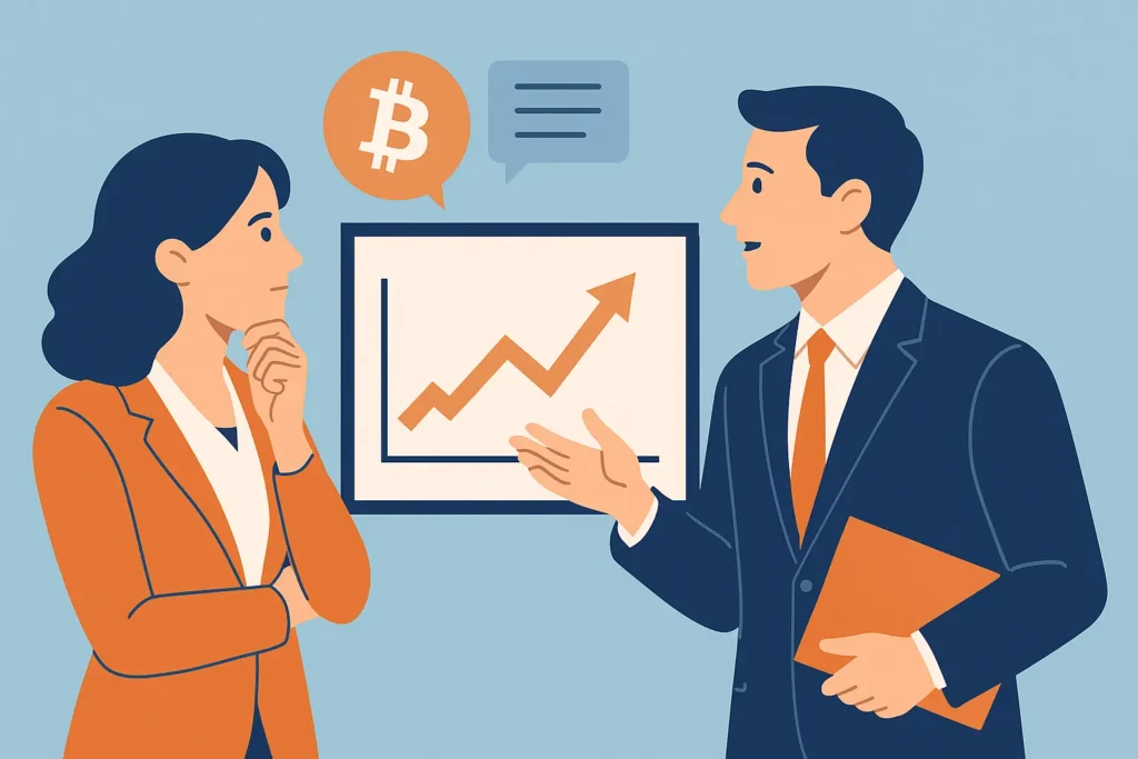 Illustration of two professionals discussing market trends in front of a chart with an upward arrow and a Bitcoin symbol, representing expert opinions on which crypto will boom in 2025.