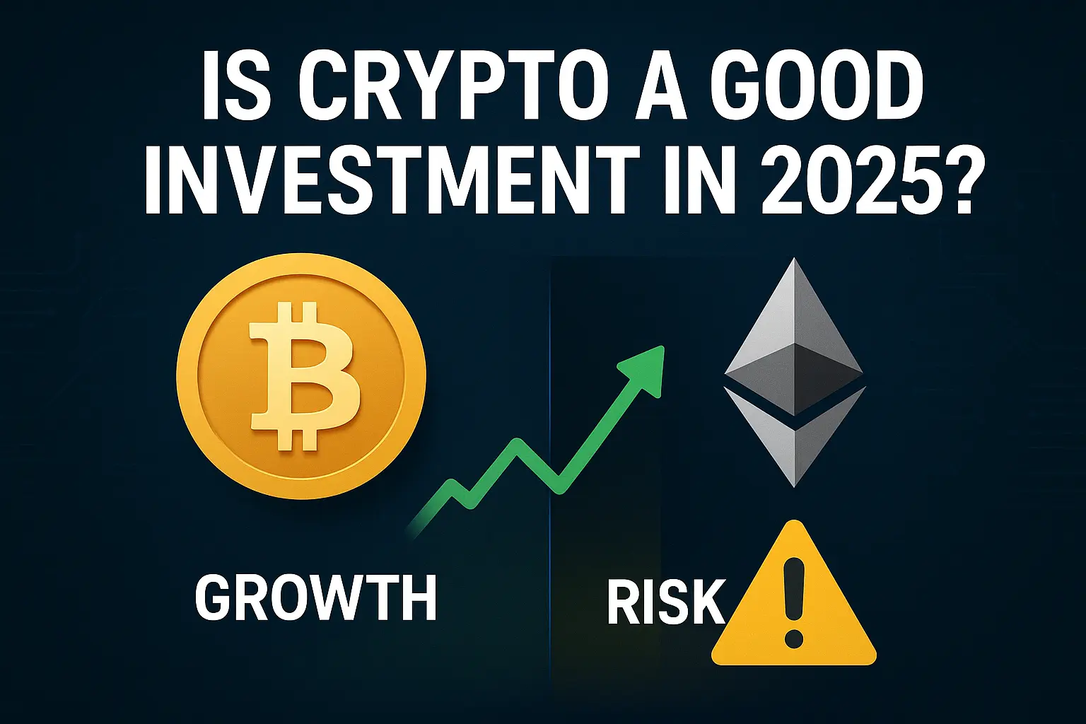 Is crypto a good investment in 2025 infographic with Bitcoin and Ethereum visuals
