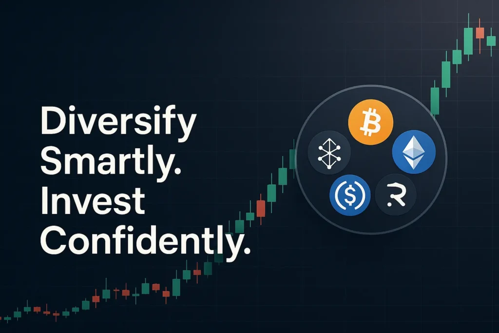 Dark-themed banner with the message “Diversify Smartly. Invest Confidently.” A rising candlestick chart is shown in the background, alongside a circular icon featuring cryptocurrency logos like Bitcoin, Ethereum, USDC, and Render.