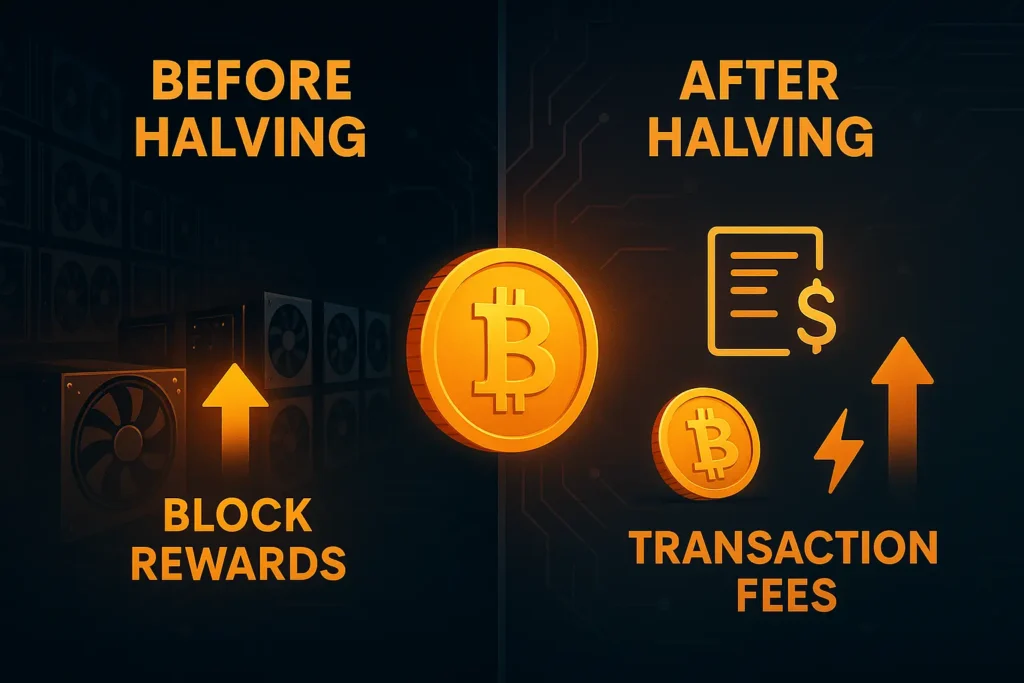 Split illustration showing how the Bitcoin halving event affects miners, with reduced block rewards and increased reliance on transaction fees.