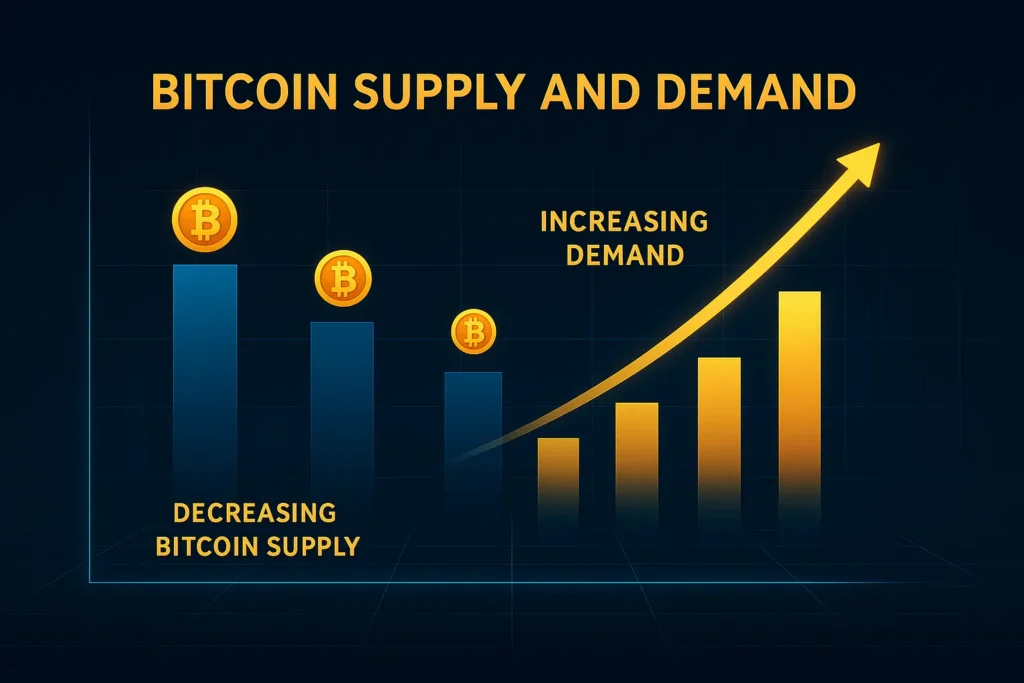 Graph visualizing the Bitcoin halving event’s effect on supply and demand, highlighting decreasing block rewards and increasing value.